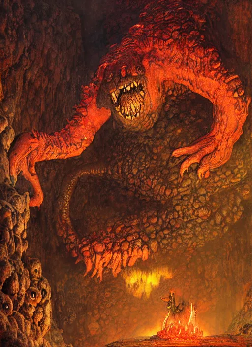 Image similar to monster in lava cave, by lawrence alma - tadema and zdzislaw beksinski and norman rockwell and jack kirby and tom lovell and greg staples, artstation creature art