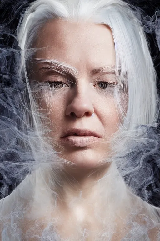 Prompt: portrait of a woman, with white hair like smoke, with reaction-diffusion wallpaper, studio photo, high detail