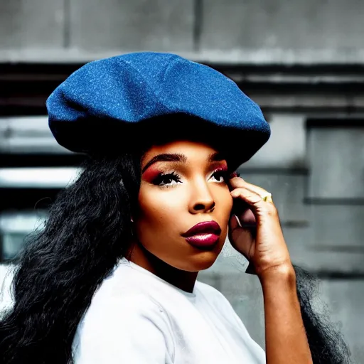 Image similar to sza with a beret in a retrofuturistic city, retro futuristic fashion, photography award winning,