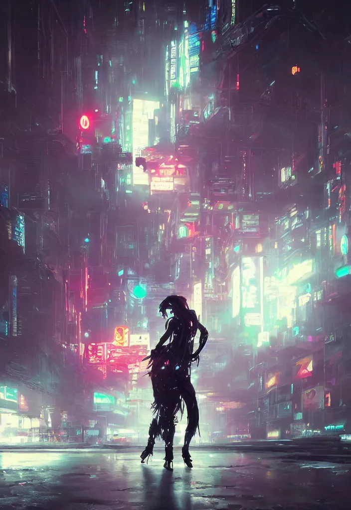 Prompt: an emotional concept painting of a cyberpunk android dancing in the moonlight, neon signs, empty city, large detailed moon, concept painting by Raymond Swanland and Ruan Jia and Greg Rutkowski