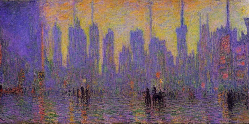 Image similar to unicorn in a futuristic cyberpunk town. By Claude Monet, highly detailed