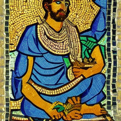 Prompt: a beautiful roman mosaic of the god krishna un the style of vincent van gogh