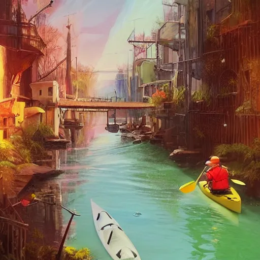 Prompt: Narrow cosy waterway with kayak in futuristic sci-fi city in harmony with nature. Nice colour scheme, soft warm colour. Beautiful detailed painting by Lurid. (2022)