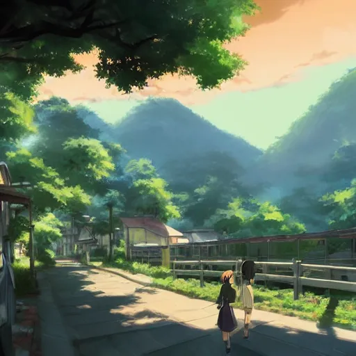 Image similar to The Quite Town at the Foot of the Mountain, Anime concept art by Makoto Shinkai