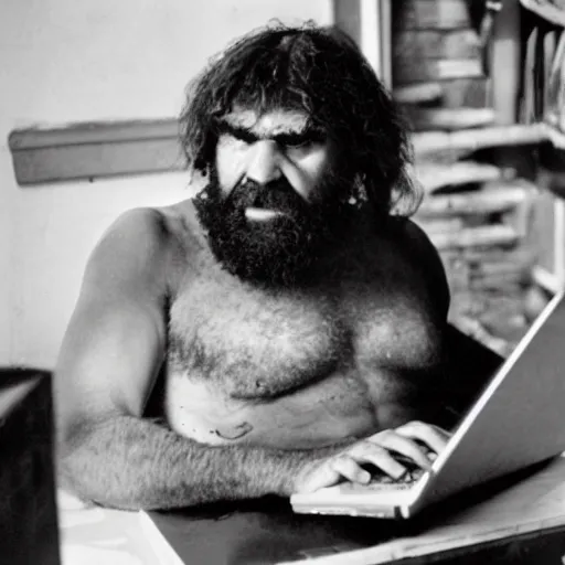 Prompt: caveman working on a laptop, old photograph