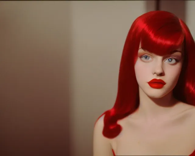 Prompt: a young actress that looks exactly like Jessica Rabbit, promotional photo for the movie She's So Interesting (2017), 4K, Cinestill 800t, live-action