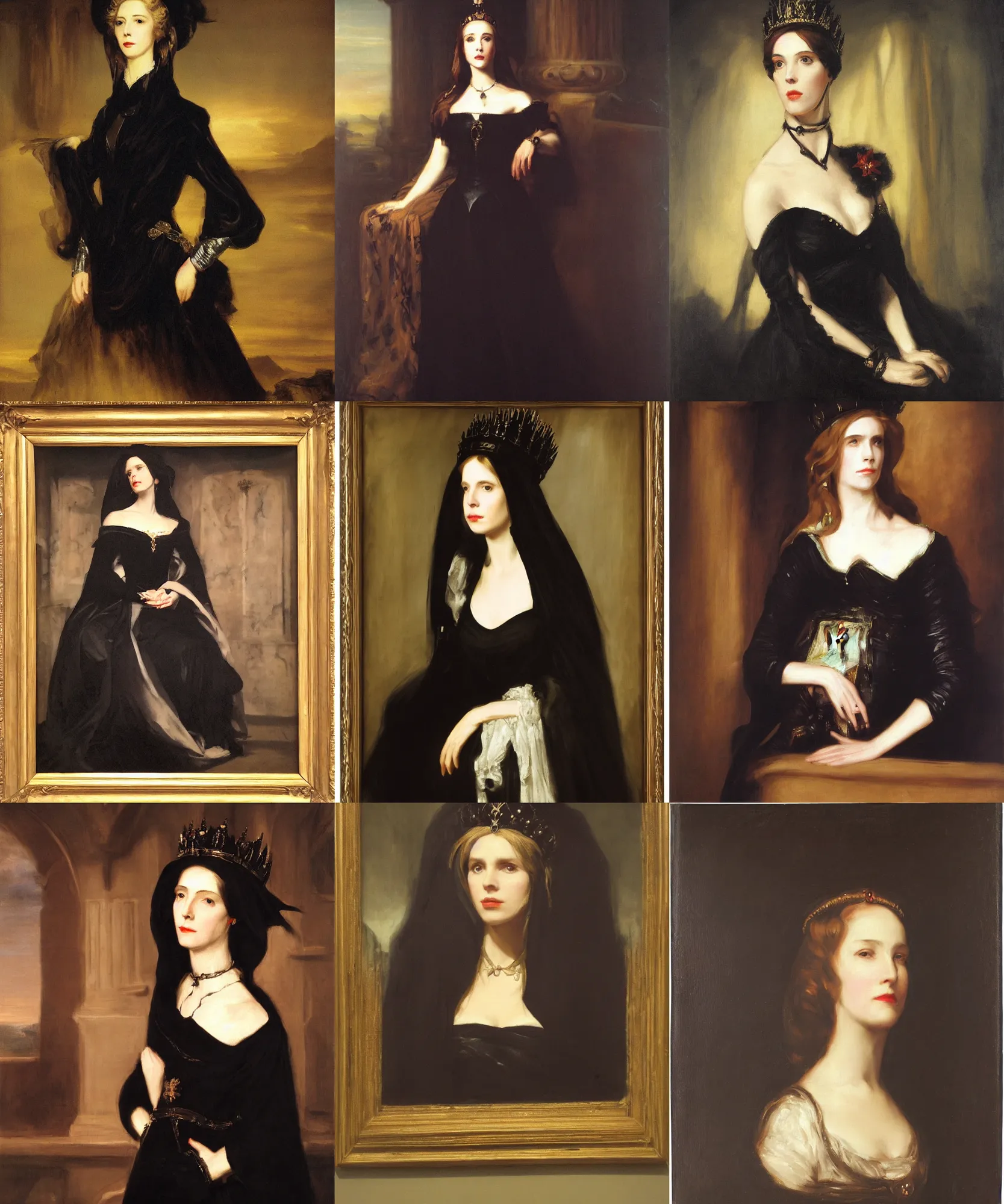 Prompt: The portrait of Lady in black wax crown by George Romney, dark fantasy, witcher, very detailed oil painting, masterpiece, 8k