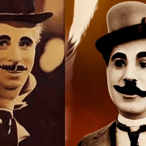 Image similar to charlie chaplin watching a new marvel movie