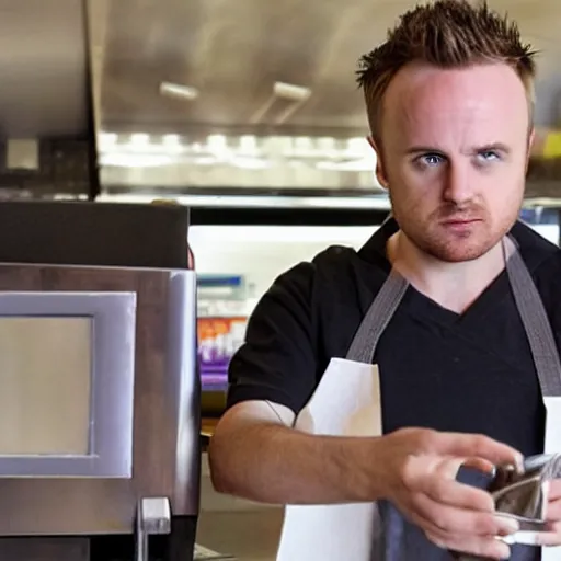 Prompt: photo of jesse pinkman working at a fast food place