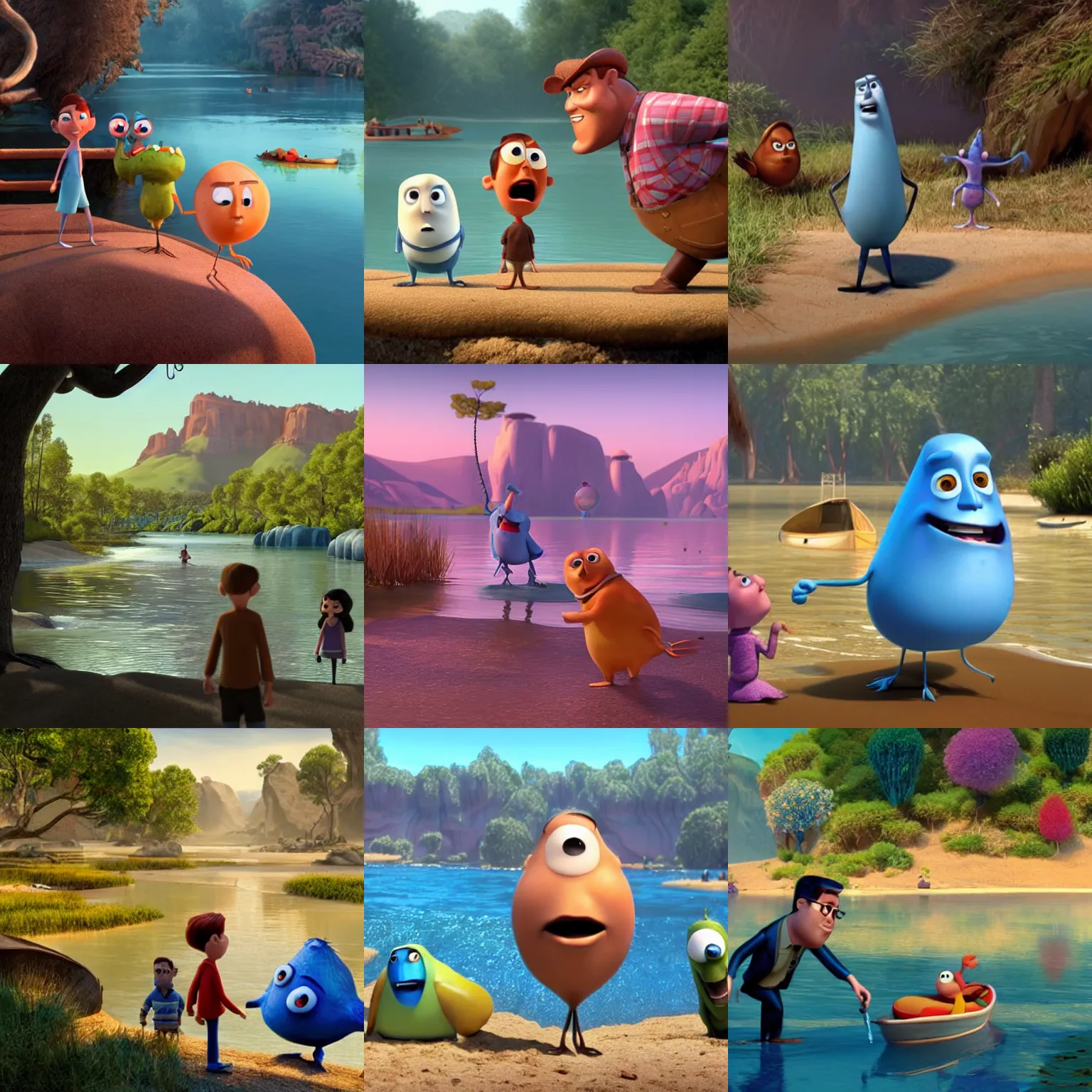 Prompt: mister gone meets the river people, a still from the pixar movie, 3 d, animated, pixar