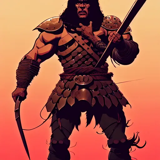 Image similar to cell shaded cartoon, a portrait of a fully armored conan the barbarian, illustration, wide shot, subtle colors, concept art by josan gonzales and wlop, laurie greasley, jordan grimmer and james jean, highly detailed, sharp focus, trending on artstation, hq, deviantart, art by artgem