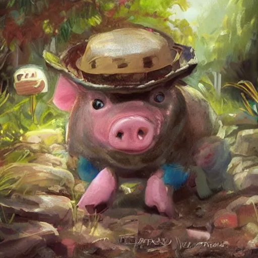 Image similar to cute and adorable miniature piggy pig2 wearing a cute hat on garden during a summer day, highly detailed, digital painting, artstation, concept art, smooth, sharp focus, illustration, art by yee chong and sydney hanson and rossdraws and greg rutkowski