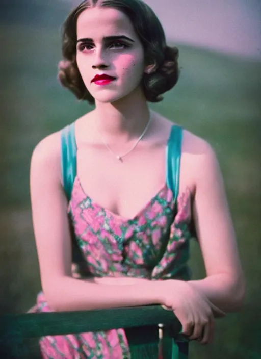 Prompt: Retro color photography 1930s portrait of Emma Watson Cinestill 800T, 1/2 pro mist filter, and 65mm 1.5x anamorphic lens