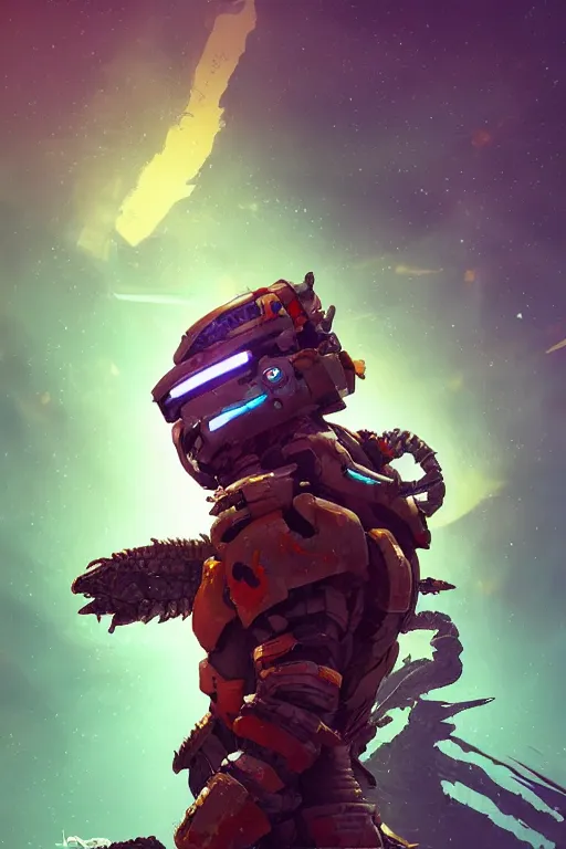 Image similar to strange creature in dead space space suit radiating a glowing aura with dark background, horizon forbidden west horizon zero dawn global illumination ray tracing hdr fanart arstation by ian pesty and alena aenami artworks in 4 k tribal robot ninja mask helmet backpack