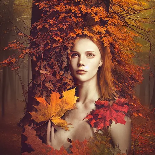 Image similar to portrait of a dryad in a forest of autumn maples by brian froud and jessica rossier dark mysterious, filtered evening light