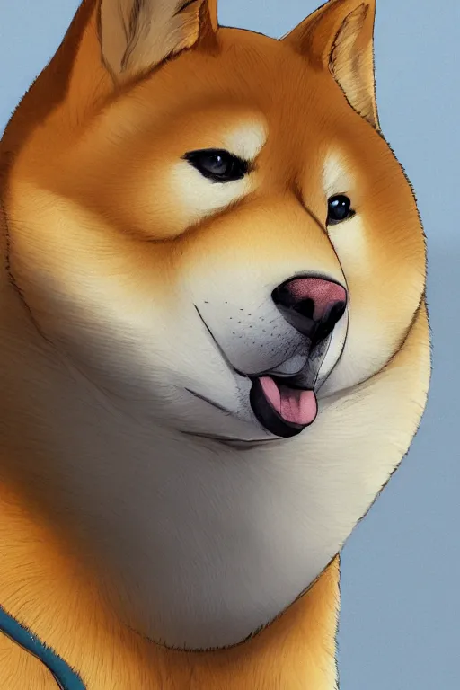 Image similar to portrait of fat shiba inu, fursona, anthro, male, bushy yellow eyebrows, detailed golden tan fur, anime key visual, concept art, digital painting, makoto shinkai