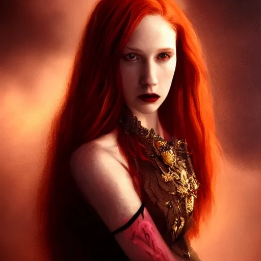 Prompt: majestic gracious regal aristocratic female red haired vampire portrait, atmospheric lighting, painted, seductive, menacing, intricate, volumetric lighting, beautiful, rich deep colours masterpiece, golden hour, sharp focus, ultra detailed, by leesha hannigan, ross tran, thierry doizon, kai carpenter, ignacio fernandez rios