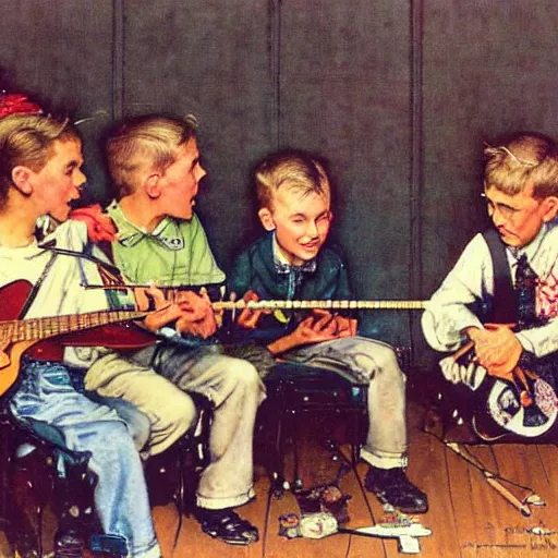 Prompt: A kid hitting pots in a mini concert with his friends, art by Norman Rockwell