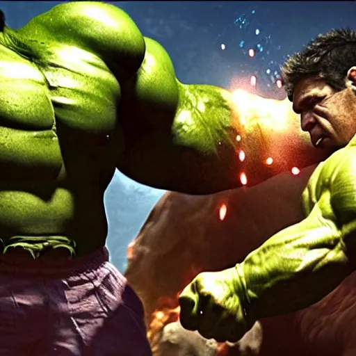 Image similar to hulk fighting juggernaut cain marko in an epic action scene, jumping, fists, explosive, marvel cinematic universe, photo realistic, super high resolution, shocking lights