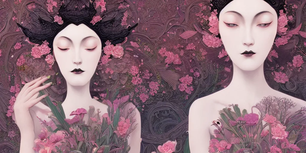 Image similar to breathtaking detailed concept art painting art deco pattern of goth faces goddesses amalgamation flowers, by hsiao - ron cheng, bizarre compositions, exquisite detail, extremely moody lighting, 8 k