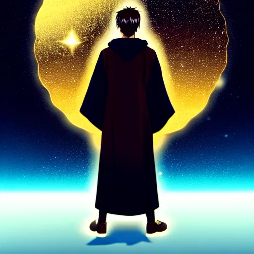 Image similar to a man with with brown hair, wearing a black robe with the tips made of gold, setting in space with a galaxy in the backround, anime, trending on artstation, high quality