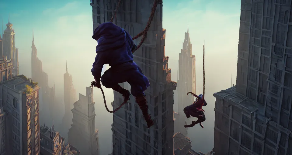 Image similar to an epic fantasy comic book style landscape painting of a hooded thief climbing a tall building with a city using a rope, unreal 5, daz, hyperrealistic, octane render, dynamic lighting