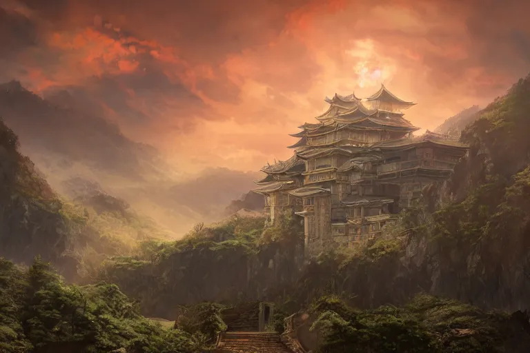 Image similar to cinematic lighting fantasy painting, an ancient land, sunset and ominous shadows over the kingdom, valleys and farmland and villages, brutalist cement shiro himeji rivendell palace, garden of eden by jessica rossier