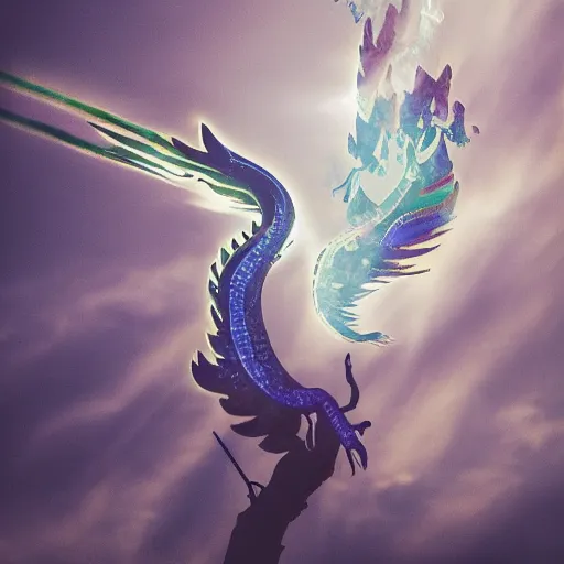 Prompt: dimly lit smoke, muted multi-color lapis, muted neon smoke, smoke with vague feathered outline of fierce flying dragons with large vague outstretched wings, sun shaft, large city park, photographic, stunning, inspiring, super high energy, swift, fast, fleeting