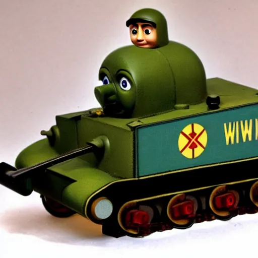 Prompt: an anthropomorphised panzer world war two tank with a face, by wilbert awdry in the art style of thomas the tank engine