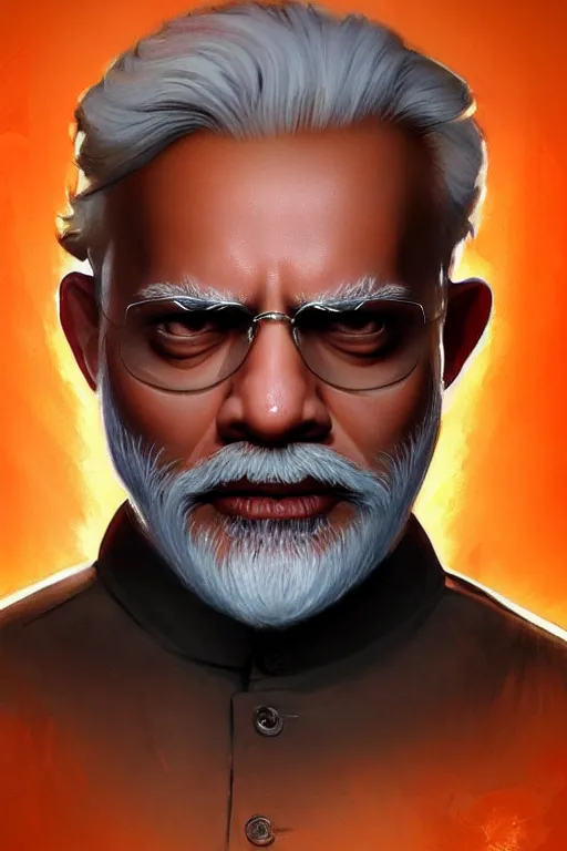 Image similar to Narendra Modi as Terminator, Narendra Modi hairstyle and beardstyle, full body realistic portrait, highly detailed, digital painting, artstation, concept art, smooth, sharp focus, illustration, cinematic lighting, art by artgerm and greg rutkowski and alphonse mucha