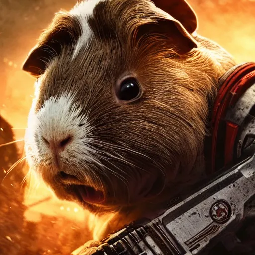 Image similar to guinea pig in gears of war, splash art, movie still, detailed face, photorealistic facial features, cinematic lighting, dramatic, octane render, long lens, shallow depth of field, bokeh, anamorphic lens flare, 8 k, hyper detailed, 3 5 mm film grain