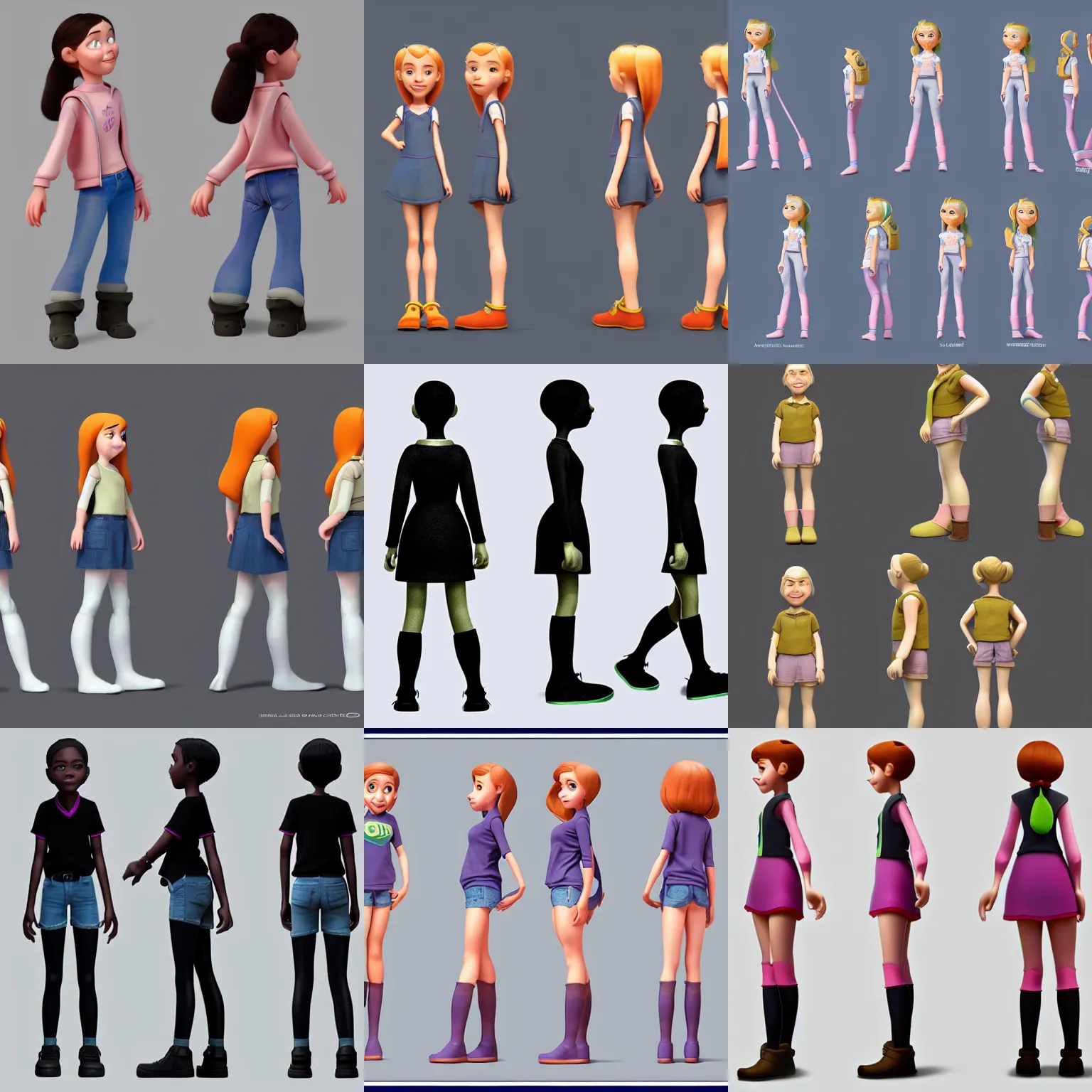 Prompt: a teen girl, pixar character model sheet turnaround, front and side views, trending in artstation, cgsociety award, official media, 4 k, hd, by bill presing and lou romano