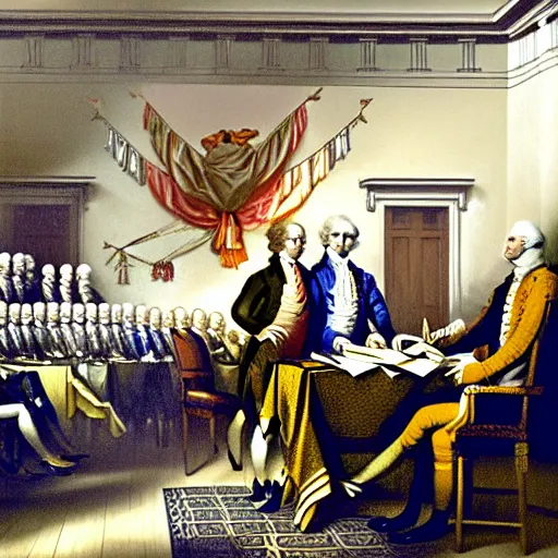 Prompt: a cheetah signing the Declaration of Independence while George Washington and Ben Franklin high five, oil on canvas