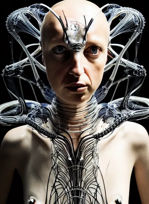 Image similar to iris van herpen gothic inflateble dark dress, perfect symmetrical body, helmet on face, full body shot, alien, plant predator, guyver, giger, wires, tubes, veins, jellyfish, white biomechanical details, wearing epic bionic cyborg implants, masterpiece, intricate, biopunk, vogue, highly detailed, artstation, concept art