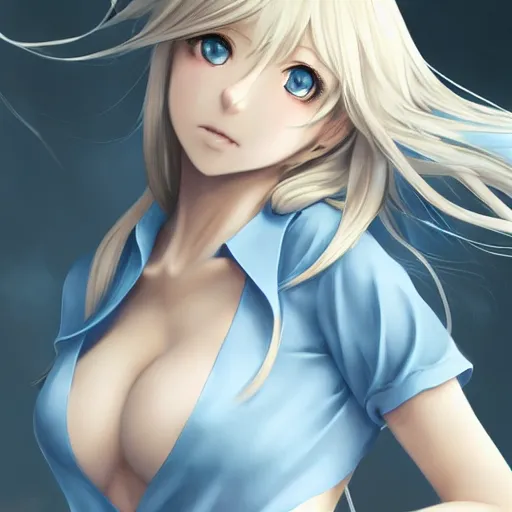 Image similar to a very beautiful anime mature girl, full body, long wavy blond hair, sky blue eyes, full round face, short smile, fancy top, miniskirt, front view, medium shot, mid-shot, highly detailed, cinematic wallpaper by Stanley Artgerm Lau