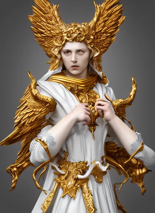 Image similar to high intricate porcelain baroque angelic priest fighting the hell demon, maria panfilova, andrea savchenko, mike kime, ludovic plouffe, qi sheng luo, oliver cook, trending on artstation