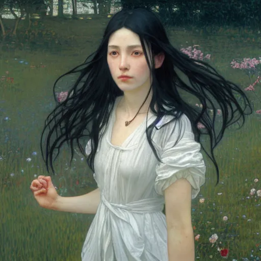 Prompt: A young woman with black long hair and ponytail hairstyle in shorts and white shirt and chucks drawn by Donato Giancola and Makoto Shinkai, Edmund Leighton, Alphonse Mucha, background by James Jean and Gustav Klimt, 4k, porcelain skin, volumetric lighting, komorebi, french nouveau, trending on artstation, octane render, hyperrealistic