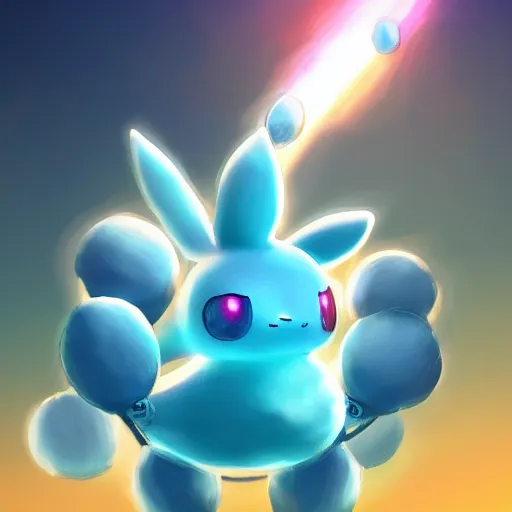 cinematic portrait of Mew Pokemon riding large blue