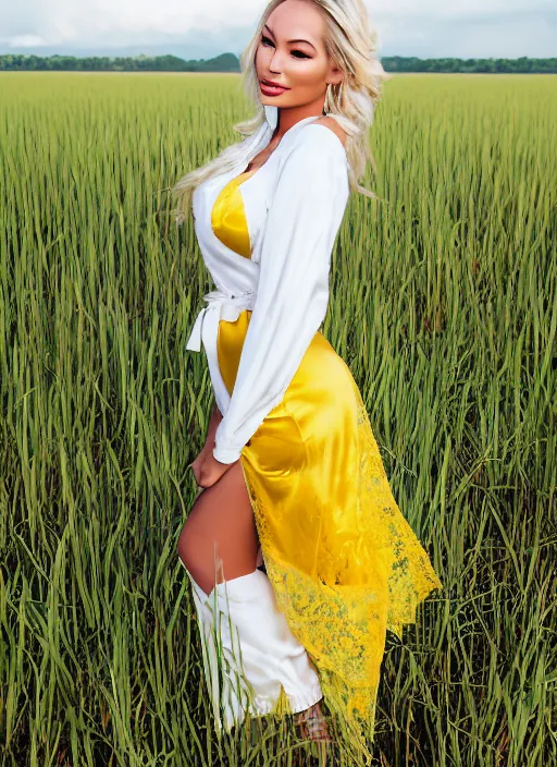 Image similar to portrait of lindsey pelas wearing white kebaya and yellow silk belt in a paddy field, by charlotte grimm, natural light, detailed face, beautiful features, symmetrical, canon eos c 3 0 0, ƒ 1. 8, 3 5 mm, 8 k, medium - format print, half body shot