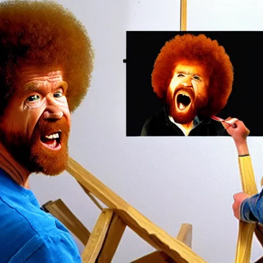 Prompt: insanely angry bob ross screaming at painting mistake