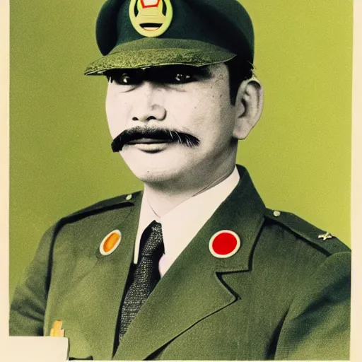 Prompt: portrait photo of yoshi, famous war criminal, mario, mario bros, wearing uniform, military