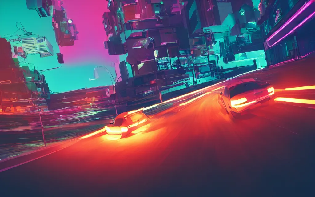 Prompt: a car drifting on a neon road, digital art by beeple, in the style of outrun