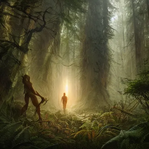 Image similar to a man gets lost in the forest 1 0, 0 0 0 years ago, realistic, high definition, 4 k, shimmering color, hyper detailed, art of greg rutkowski and magali villeneuve and artgerm