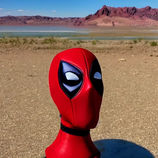 Image similar to deadpool sticking his head out of empty drained lake mead