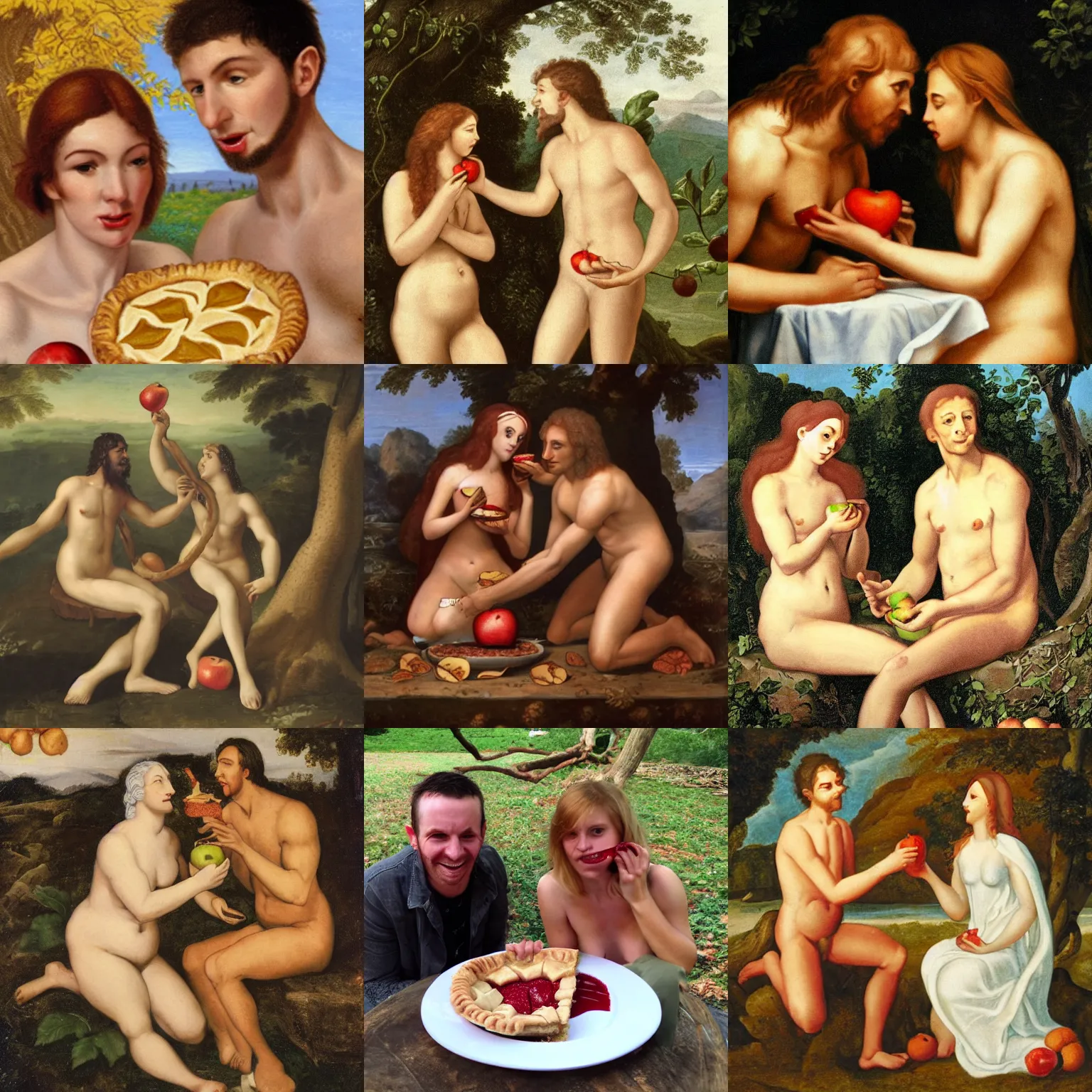 Prompt: Adam and Eve eating an apple based pie