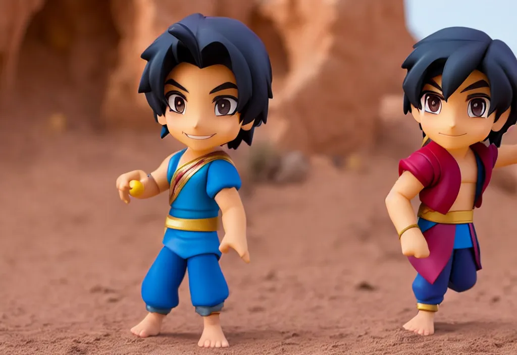 Image similar to side view of young aladdin of disney movie as nendoroid running in desert village, 8 k hd dof, kodak film,