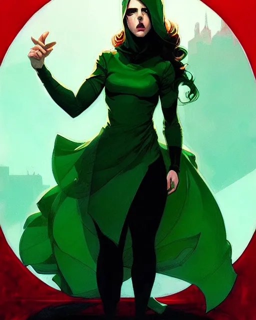 Prompt: Rafeal Albuquerque comic art, Joshua Middleton comic art, Jeremy Mann art, artgerm, cinematics lighting, beautiful Anna Kendrick supervillain, green dress with a black hood, angry, symmetrical face, Symmetrical eyes, full body, flying in the air over city, night time, red mood in background