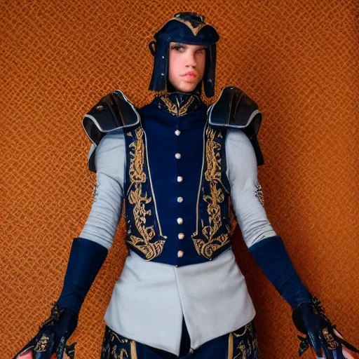 Image similar to low angle upper view of adult Austin Butler dressed in futuristic-baroque prussian blue duelist-garb with Griffin-Ram embroidery emblem, and nanocarbon-vest and greaves, standing in an arena in Dune 2020, XF IQ4, f/1.4, ISO 200, 1/160s, 8K, RAW, unedited, symmetrical balance, face in-frame