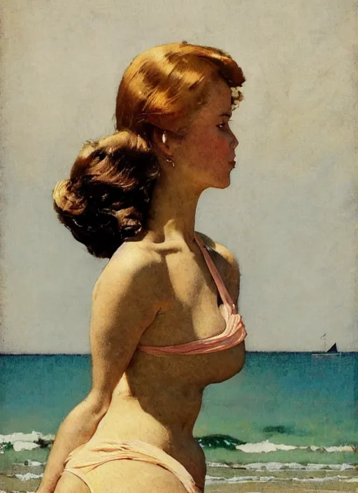 Prompt: illustration upper body and head portrait of elegant woman in the beach, by norman rockwell, roberto ferri, daniel gerhartz, edd cartier, jack kirby, howard v brown, ruan jia, tom lovell, frank r paul, jacob collins, dean cornwell, pulp 5 0 s scifi