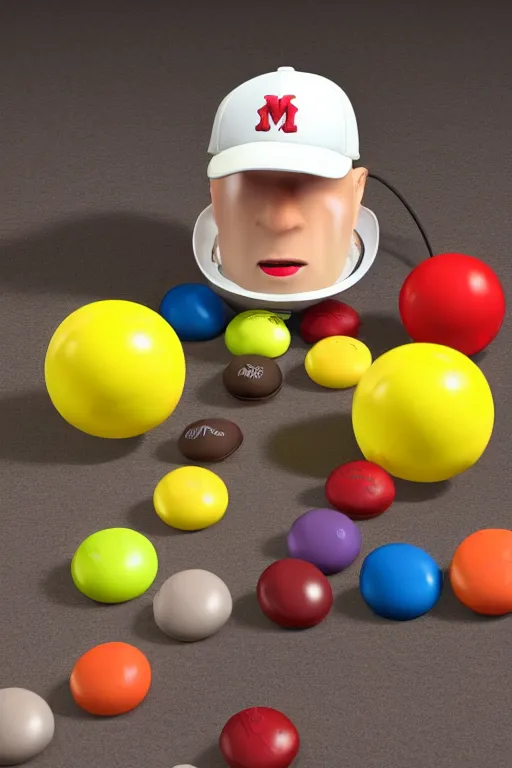 Image similar to a single yellow m & m candy with white arms and legs holding a microphone, a yellow sphere wearing a white baseball cap, eminem as a m & m candy standing on a floor covered with m & m candies, m & m candy dispenser, m & m plush!!!, unreal engine, studio lighting, unreal engine, volumetric lighting, artstation